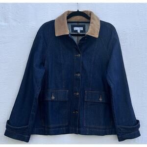 LOFT Denim Barn Jacket Corduroy Collar Button Front Women’s Med Dark Wash Career